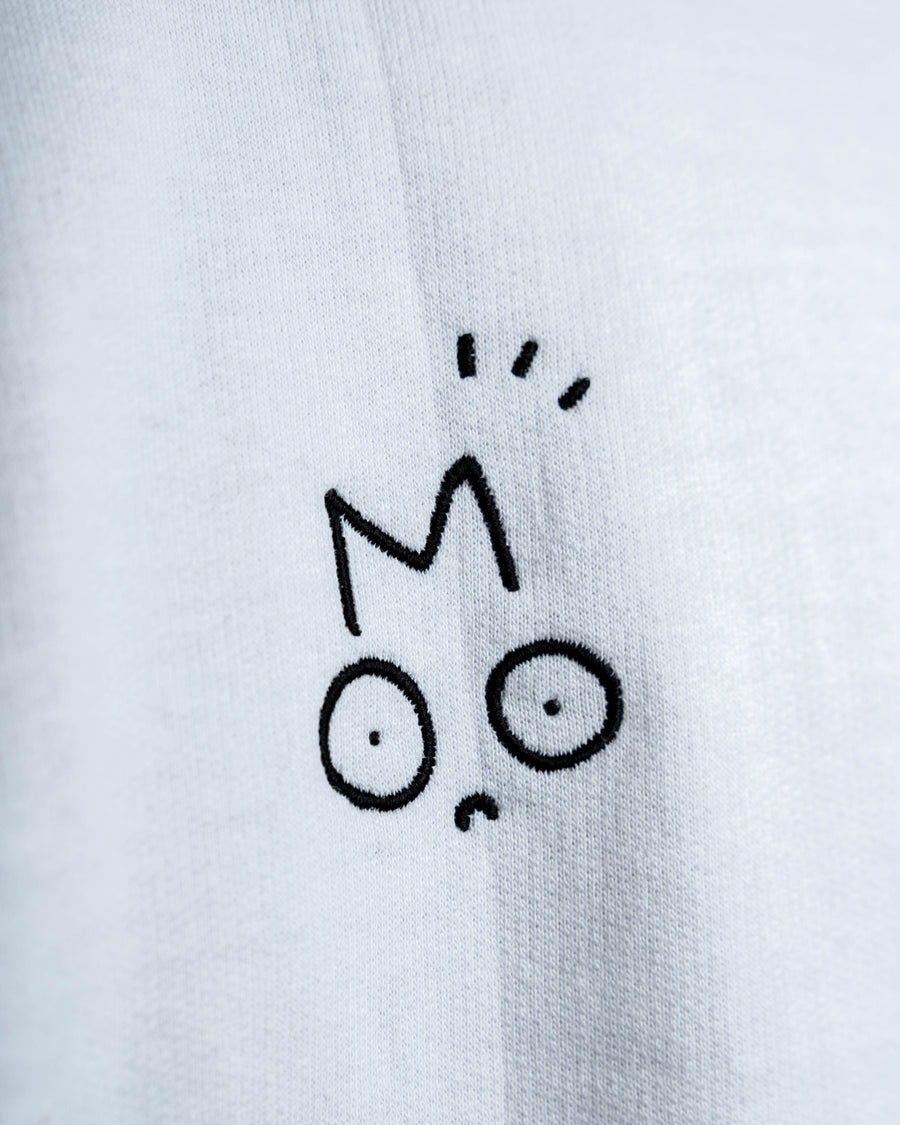 Black OUT OF MOOD SIMPL crewneck logo on a white fabric